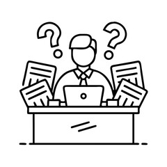 Confused businessman at desk with documents and question marks