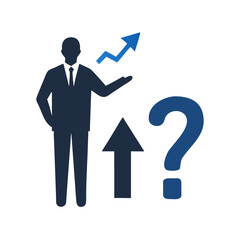 Businessman with arrow and question mark pointing up