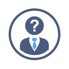 Blue circular icon with question mark in suit