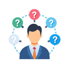 Corporate decision icon with question marks and avatar