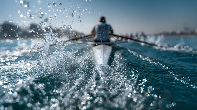 A competitive rowing scene, rowers in perfect sync during a regatta, water splashing. Generative AI.