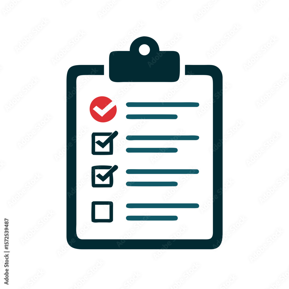 Poster task checklist icon with clipboard and red tick mark