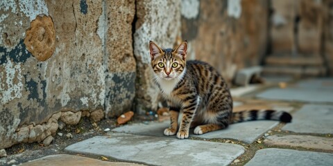 Urban Explorer Cat near Historic Wall