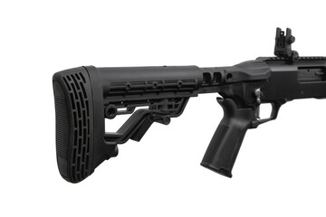 Close-up of tactical shotgun adjustable stock and grip, isolated on white back