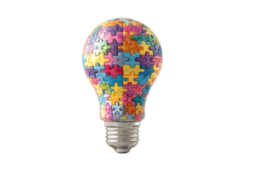 A lightbulb formed from colorful jigsaw puzzle pieces, symbolizing creative solutions and innovative thinking