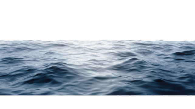 Calm blue water surface with gentle ripples and natural reflections, isolated on white background