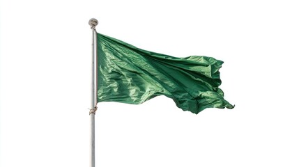 Isolated green flag waving in the wind against a clear white background