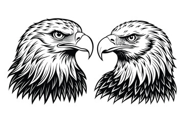 Fierce eagle heads black and white illustration bird animal