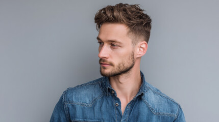 Stylish young man with short hair posing on a plain gray background, minimal design, sharp focus