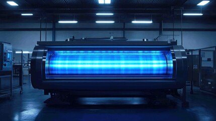 Obraz premium Glowing cylindrical machine in industrial facility at night