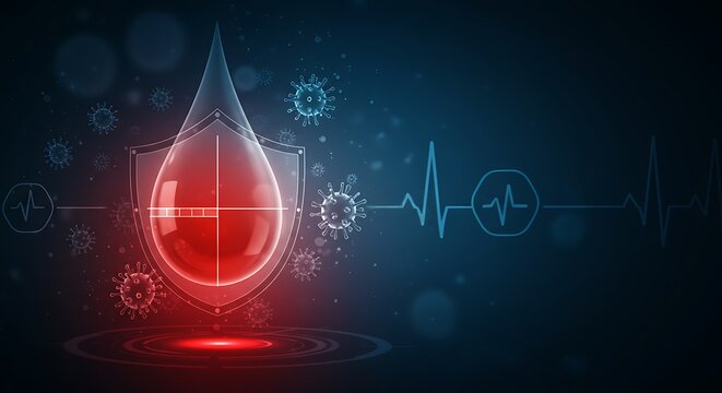 Blood drop with shield protects from viruses and bacteria