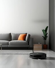 A robot vacuum operating in a modern living room with high-tech furniture,