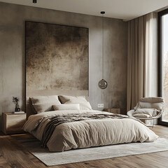 Sleek Scandinavian bedroom interior, muted palette, velvet fabrics, wood-heavy textures, professional render 
