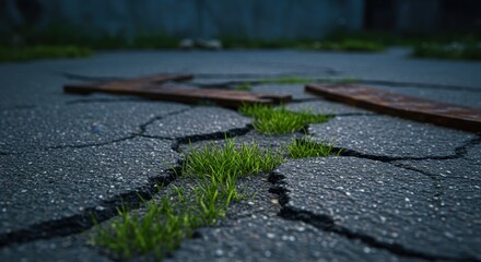 Grass Growing Through Cracked Pavement Showing Resilience and Nature's Power in Urban Environment