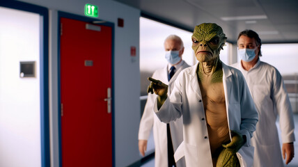 Poster with alien in hospital gown running down clinic corridor, chased by doctors in medical masks, concept of avoiding medical research and health problems