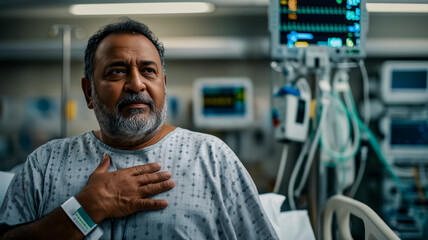 Middle aged man hospital gown sitting hospital bed pressing hand chest, worried expression, dressed, ECG monitor and heart rate monitor background, concept health and high blood pressure problems men