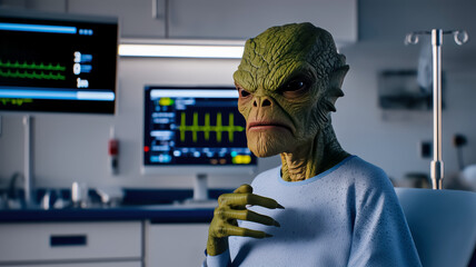 Alien hospital gown sitting hospital bed pressing hand chest, worried expression, dressed, ECG monitor and heart rate monitor background, concept of health and high blood pressure problems in men
