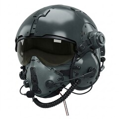 Olive green flight helmet with oxygen mask, isolated on white background.
