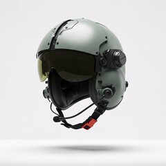 Olive green helicopter helmet with dark retractable visor and communication headset falling,