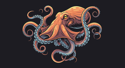 Illustration of an orange octopus with swirling tentacles against a dark background.