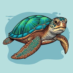 A vibrant illustration of a sea turtle swimming gracefully, showcasing intricate shell detail and rich colors.