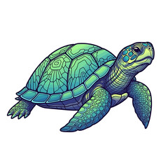 Fototapeta premium Illustration of a green sea turtle with detailed shell patterns, swimming upwards.