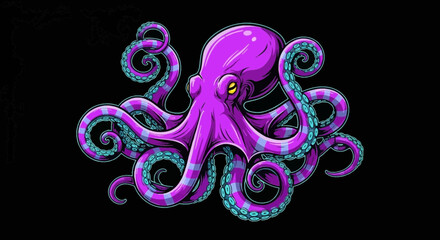A vibrant illustration of a purple octopus with intricate details, isolated on black.