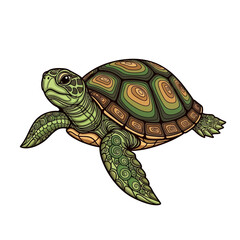 Detailed illustration of a sea turtle swimming, showcasing intricate shell patterns and detailed features.