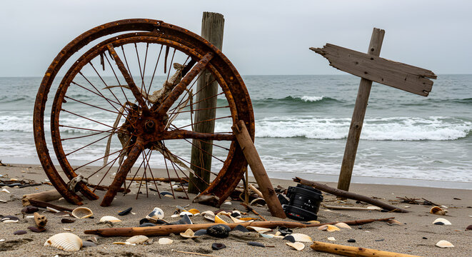 Broken bicycle wheel and camera lens on a sandy beach.