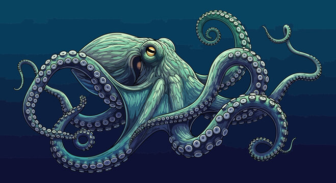 A powerful, detailed illustration of a large green octopus with its tentacles spread, showcasing intricate texture and color.