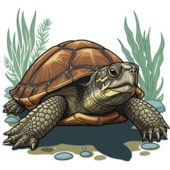 A detailed illustration of a wood turtle, resting amidst aquatic plants and stones.