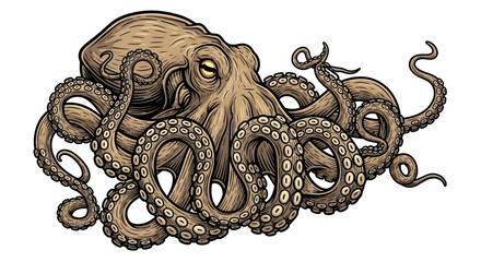 A detailed illustration of a brown octopus with its tentacles spread out, isolated.