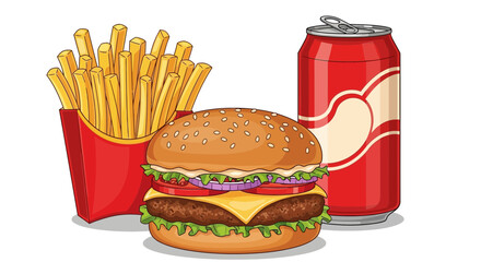 Illustration of a burger, french fries in a red container, and a red soda can on a white background.
