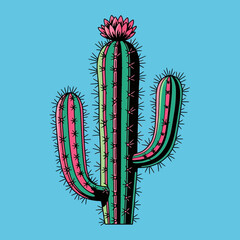 Stylized illustration of a vibrant, multicolored cactus with a pink flower.
