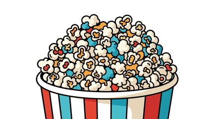 Colorful popcorn in a striped paper container, ready to be enjoyed.