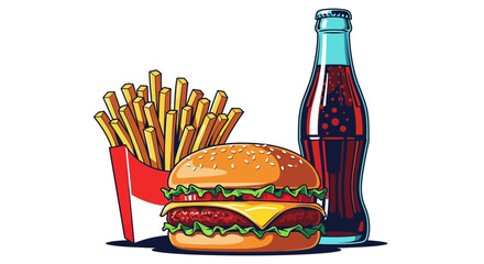 Illustration of a cheeseburger, fries in a red container, and a bottled soda drink on a white background.