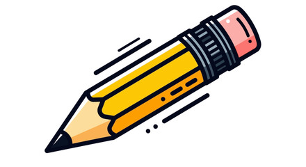 Cartoon illustration of a yellow pencil with a pink eraser, angled as if in motion.