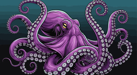 Vibrant purple octopus with intricate tentacles displayed against a teal gradient background.