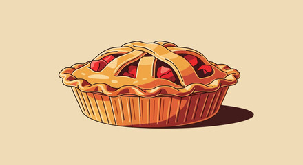 A delicious-looking cherry pie with a lattice crust, presented on a beige background.