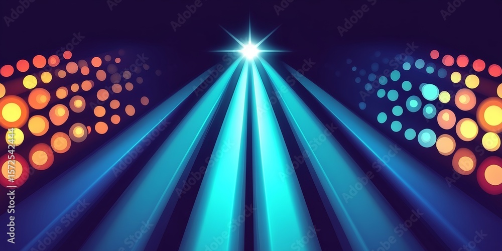 Poster converging illuminated rays burst with light splays into graphic halftone splatter rings effect