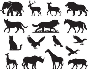 Black animal silhouettes elephant deer lion wolf cat eagle raven giraffe rhino and other wildlife on white background
