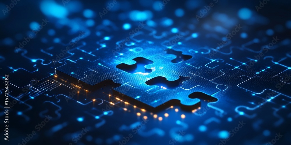 Poster futuristic digital puzzle integration with glowing pieces and seamless api network connections