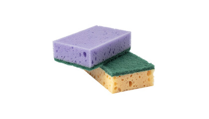 Multi-layer cleaning sponge isolated on white. Perfect product for household cleaning ads or DIY blogs. Dual-sided design offers effective cleaning isolated on solid white background