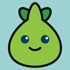 Green smiling character with blue eyes and green leaves cartoon happy