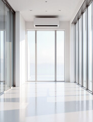 Fototapeta premium Air conditioner installation in summer at modern apartment, interior setup with bright hallway and windows. Summer conditioning involves professional air conditioner installation to beat heat waves.