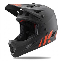 Fototapeta premium Black and orange downhill helmet with graphic design, adjustable visor, and ventilation,