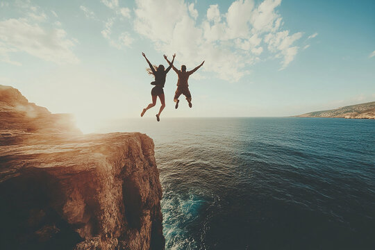 Young couple jumping off cliff into water on their honeymoon. Jumping into water at sunset.