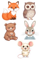 Fototapeta premium Charming hand drawn watercolor style woodland animals collection set featuring cute fox, bear, owl, rabbit, and mouse illustration perfect for kids design and nursery decor projects.