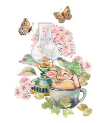 Vintage Green Lamp Pink Hydrangea Bouquet Sleeping Bunny In Metal Mug And Gooseberries Watercolor Clipart Hand Painted Garden Illustration Isolated On White Background Cozy Floral Rustic Design