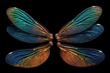 Closeup of four dragonfly wings vividly colored and highly detailed against a black background
